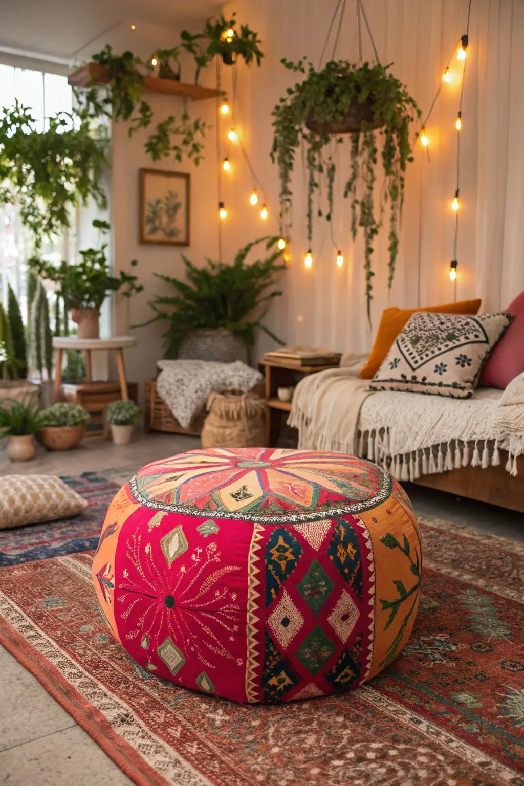 A bohemian pouf ottoman brings lively energy to a diverse living room.