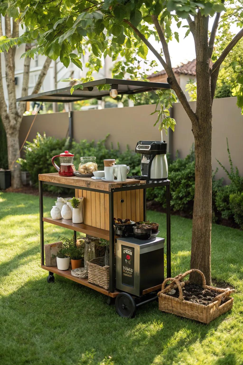 A flexible mobile coffee trolley all set to present anywhere in the yard.