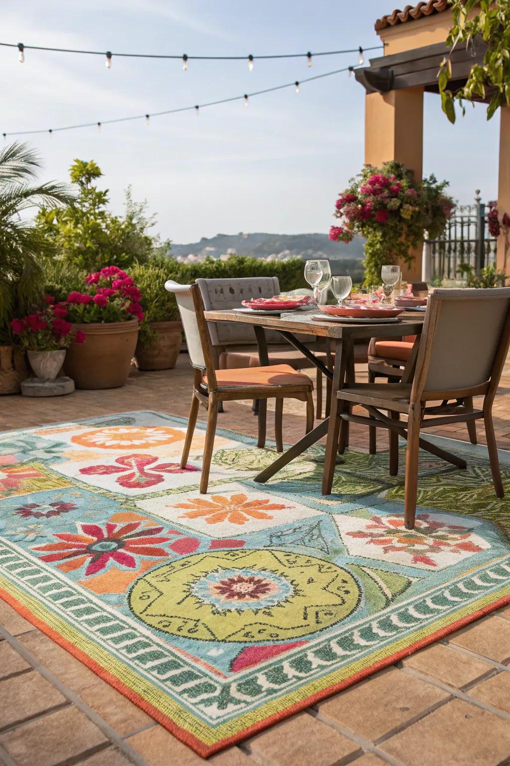 A vibrant outdoor rug accentuating the dining area.