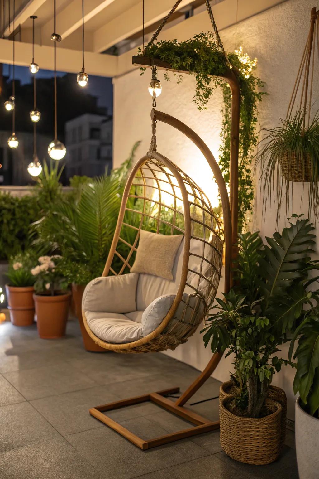 Suspended chairs add whimsy and relaxation to every patio.
