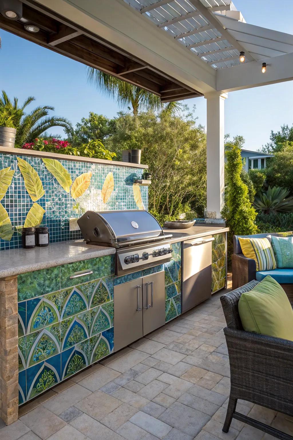 Glass mosaic tiles bring vibrant color and shine to any outdoor kitchen design.