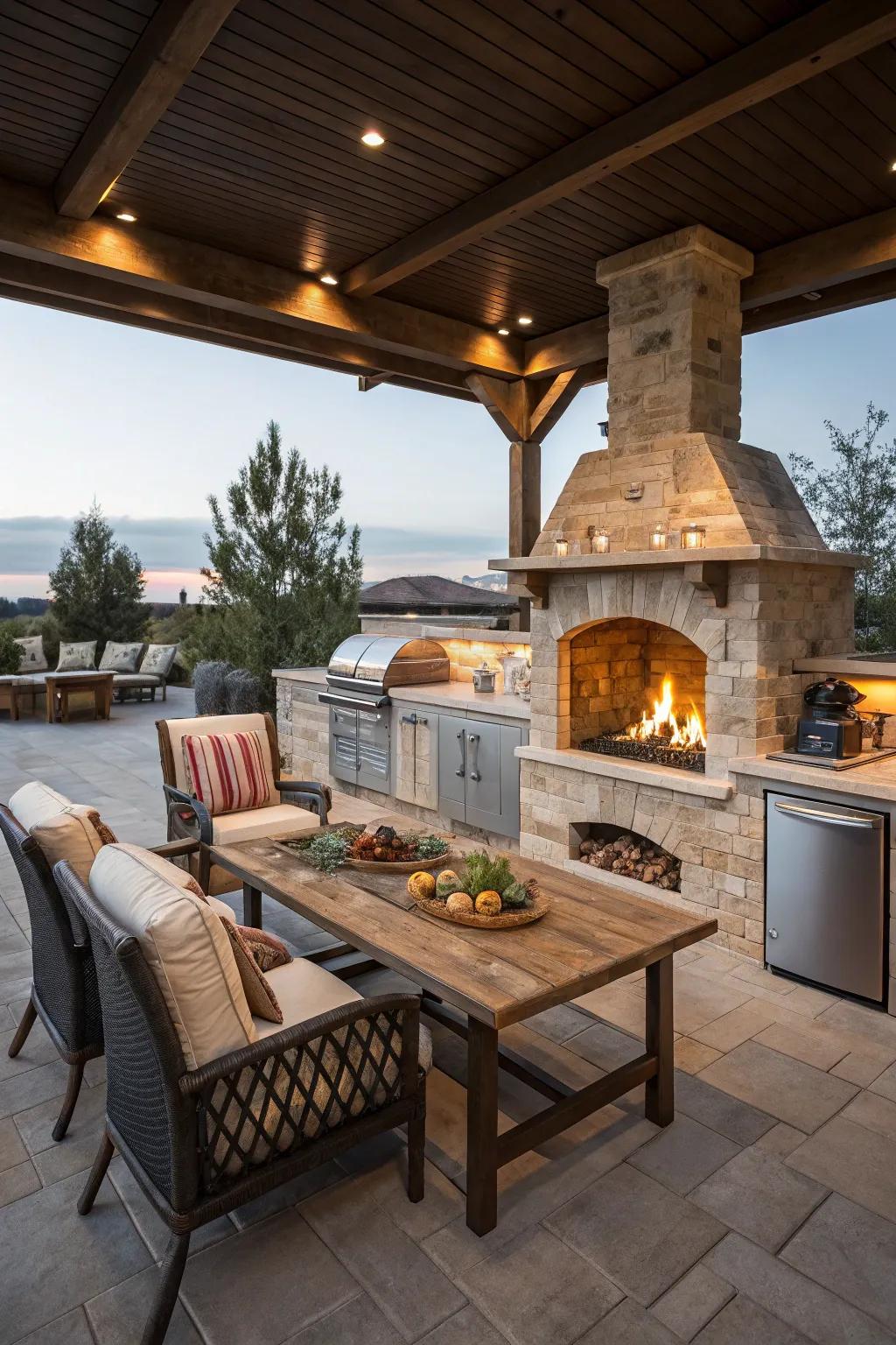 An elegant outdoor cooking area featuring an integrated hearth, perfect for nighttime gatherings.