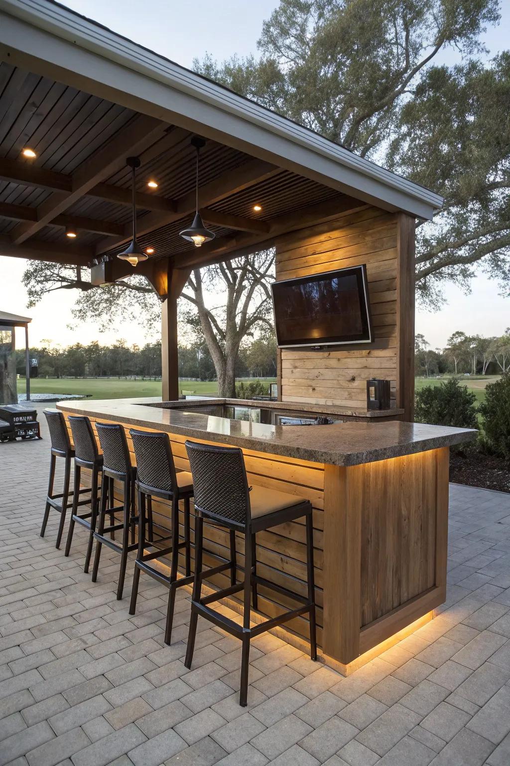 A bar station with a TV set up creates a perfect social hub in your outdoor space.