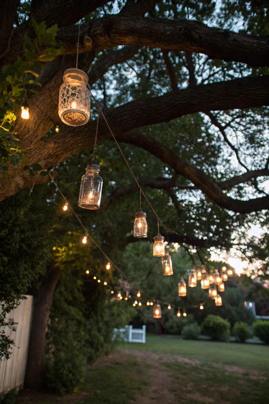 Handmade jar lights add a personalized and rustic touch to your outdoor decor.