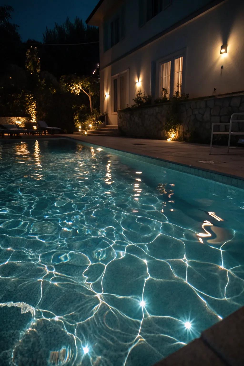 Underwater lights create a mesmerizing glow, making the pool a focal point.