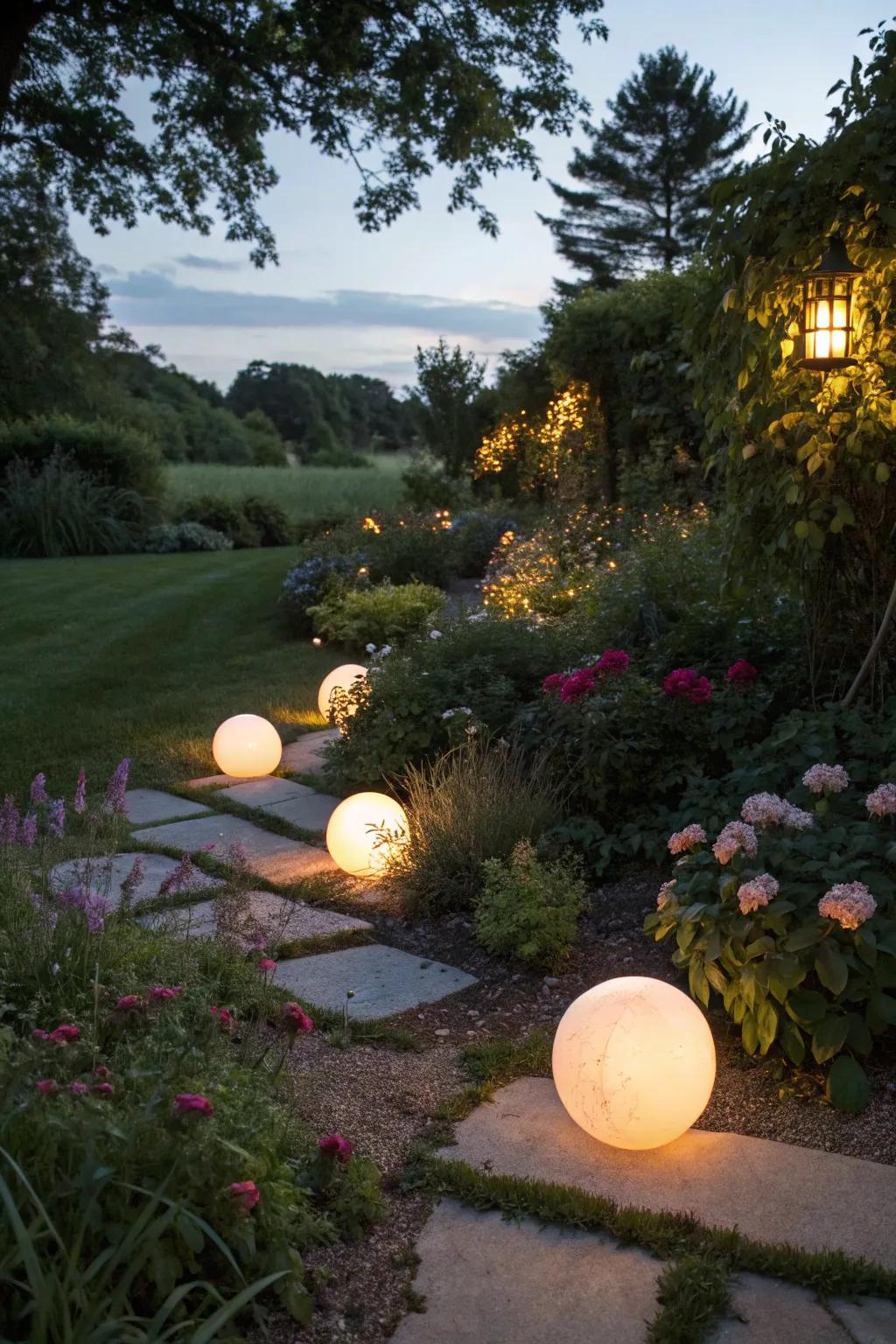 Incorporate a modern feel with glowing spheres in your yard.