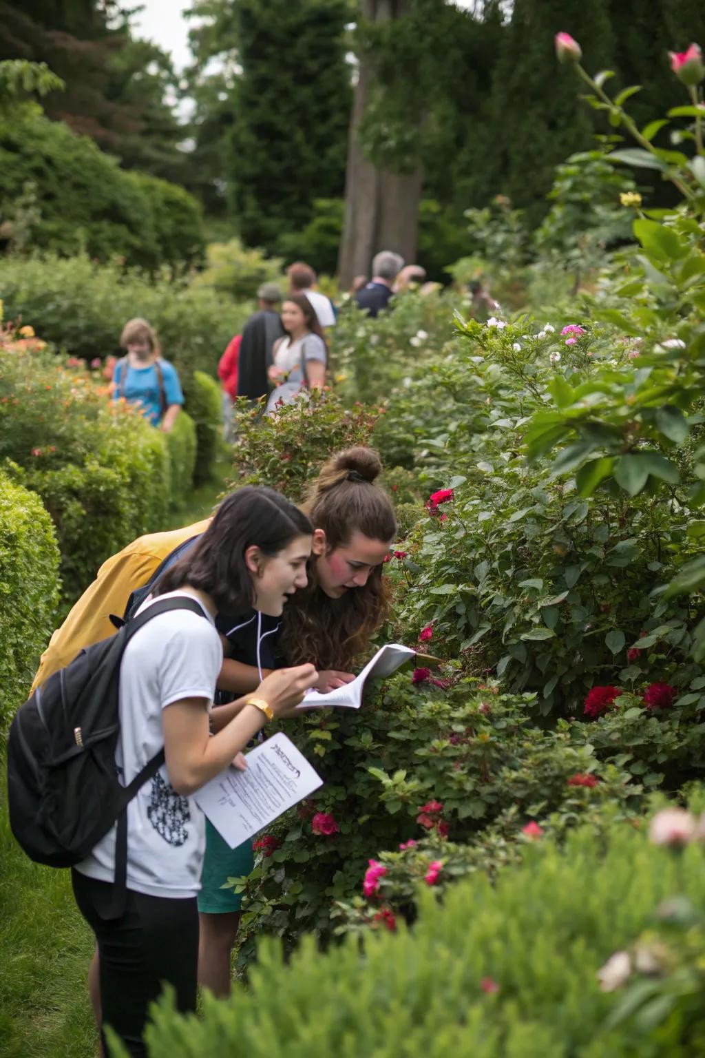 Companions reveling in a quest for hidden treasures within a verdant backyard