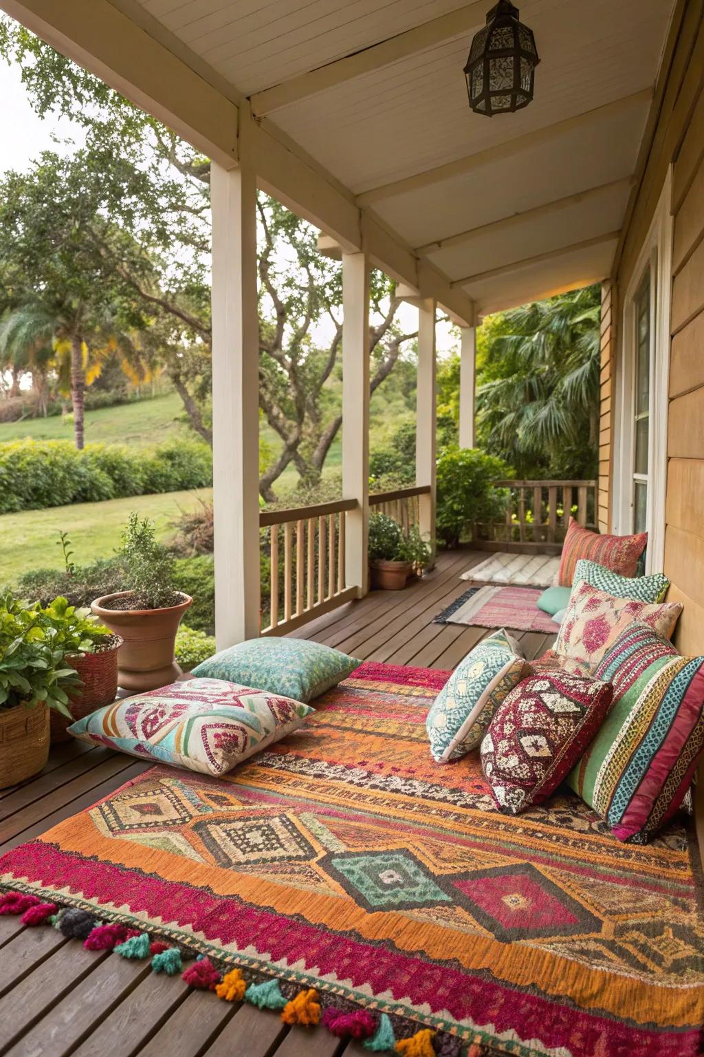Vibrant textiles add a touch of warmth and character to this porch.