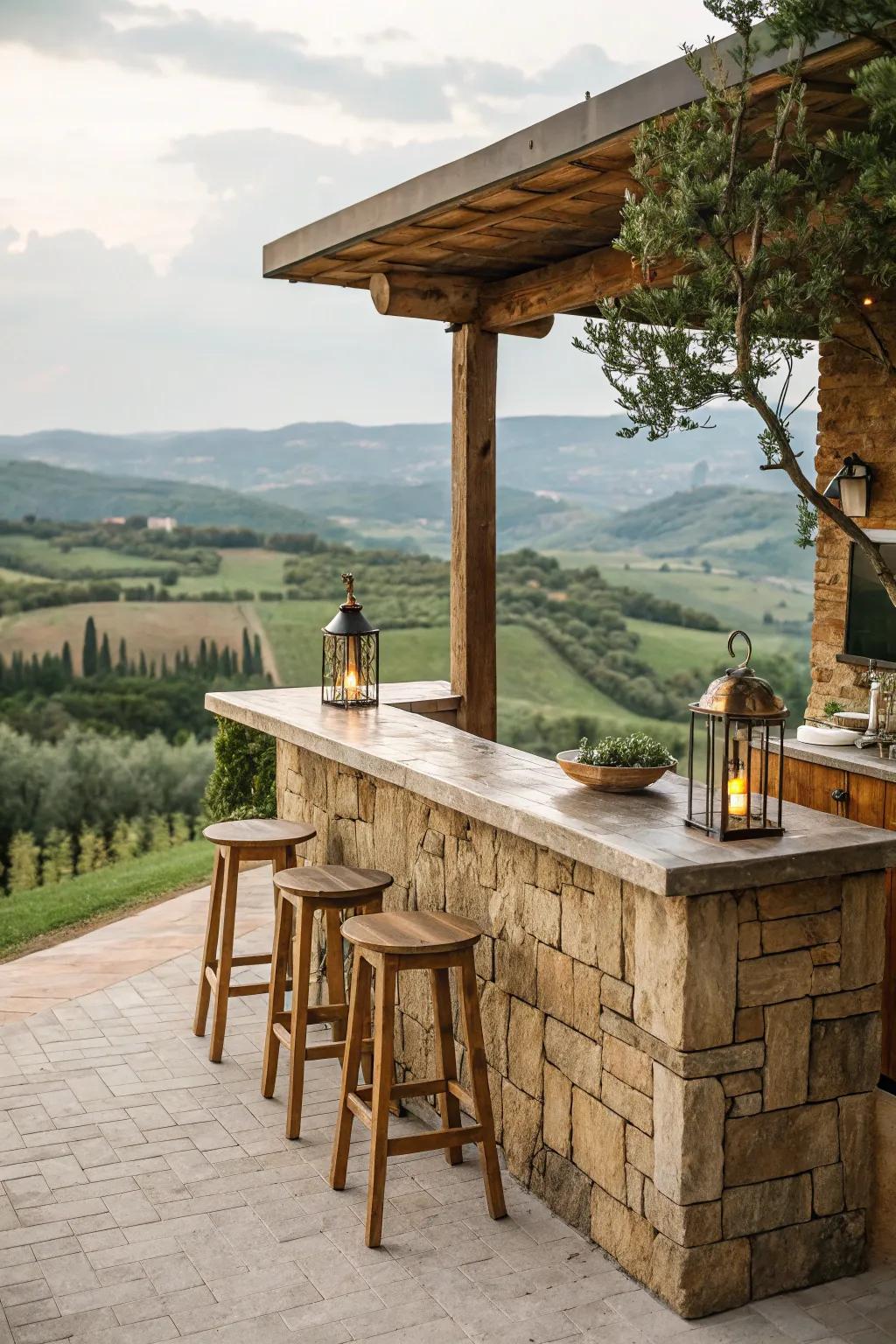A rustic farmhouse stone bar blending into the countryside.