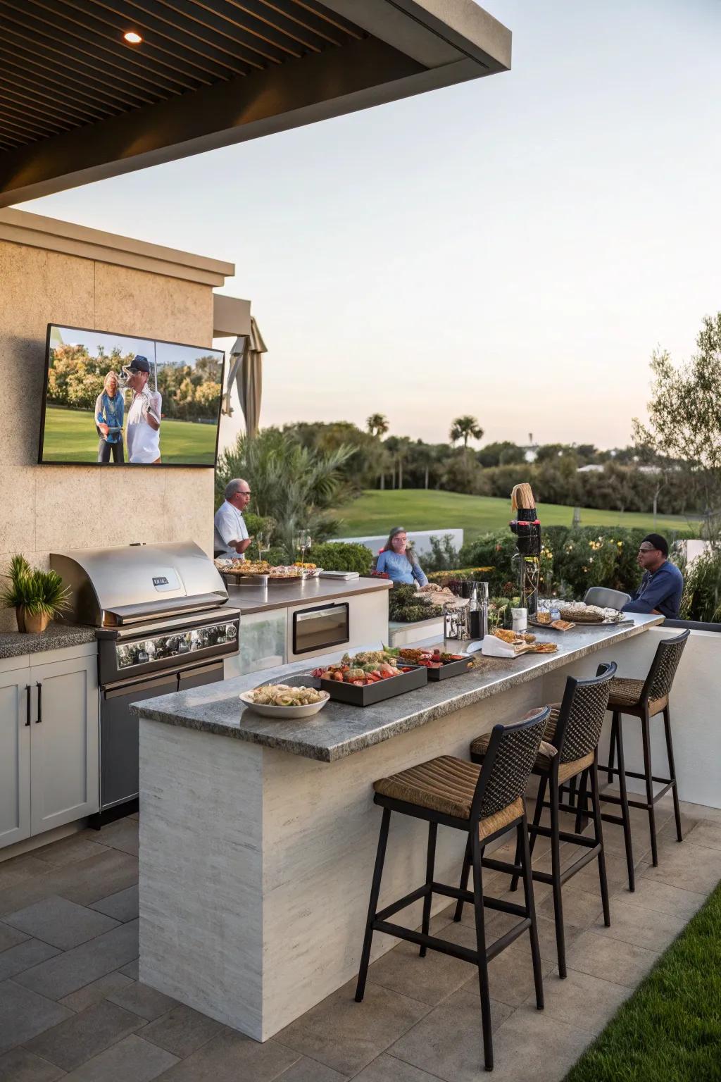 An outdoor culinary spot complements your TV setup, ideal for social events.