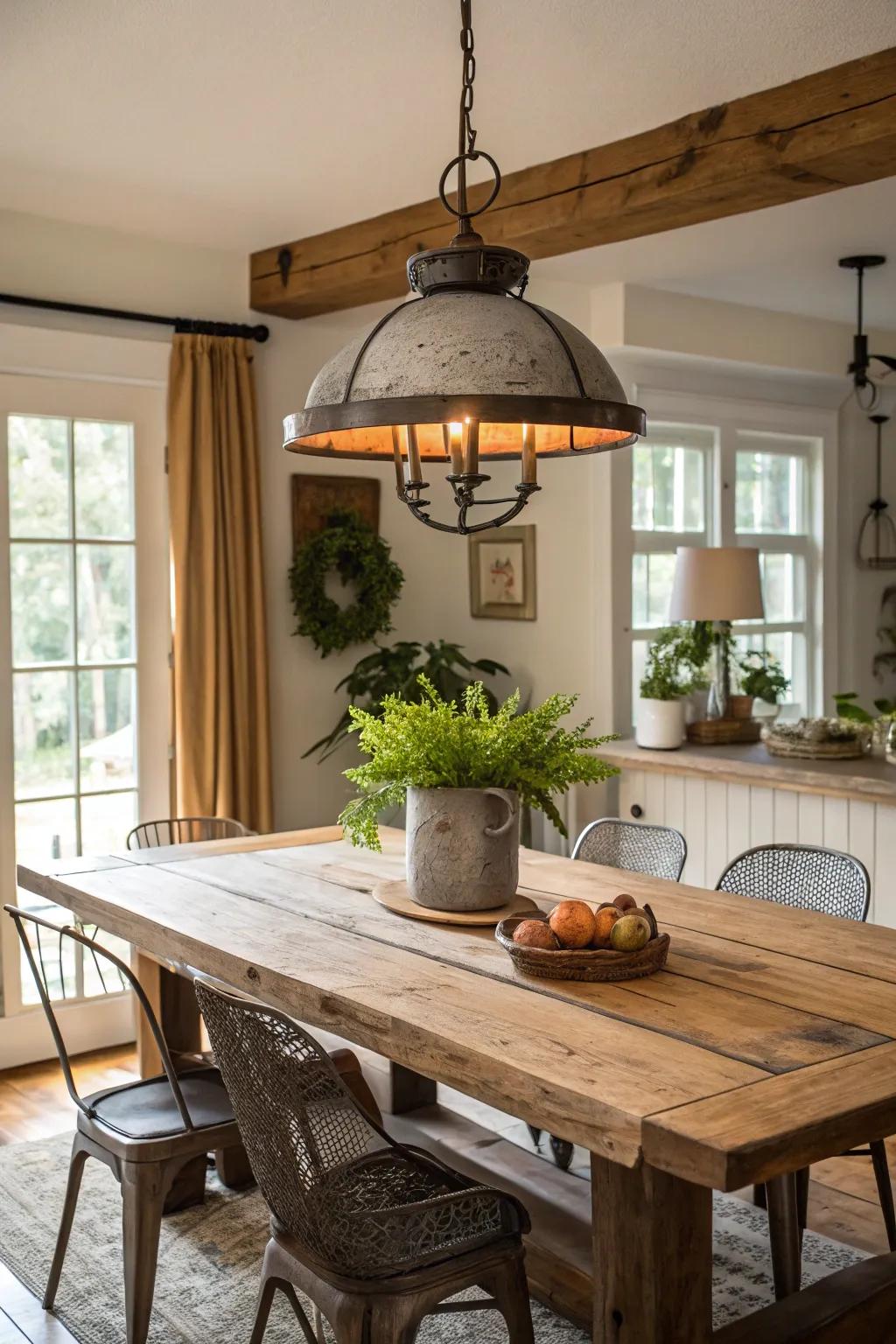 'Homestead' rustic illumination adds warmth and personality to the dining area.