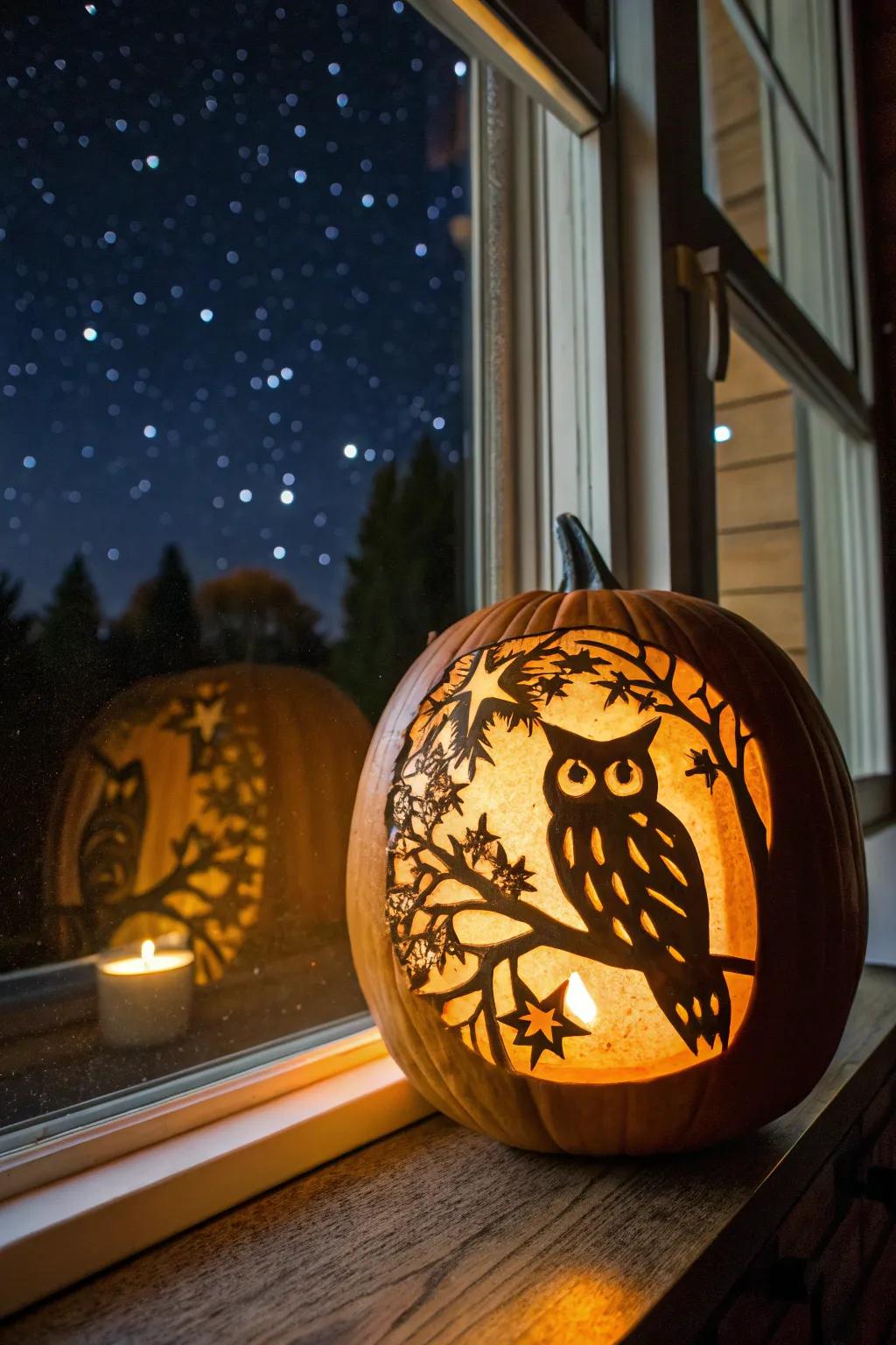 A moonlit owl silhouette captures the magic of a starry night.