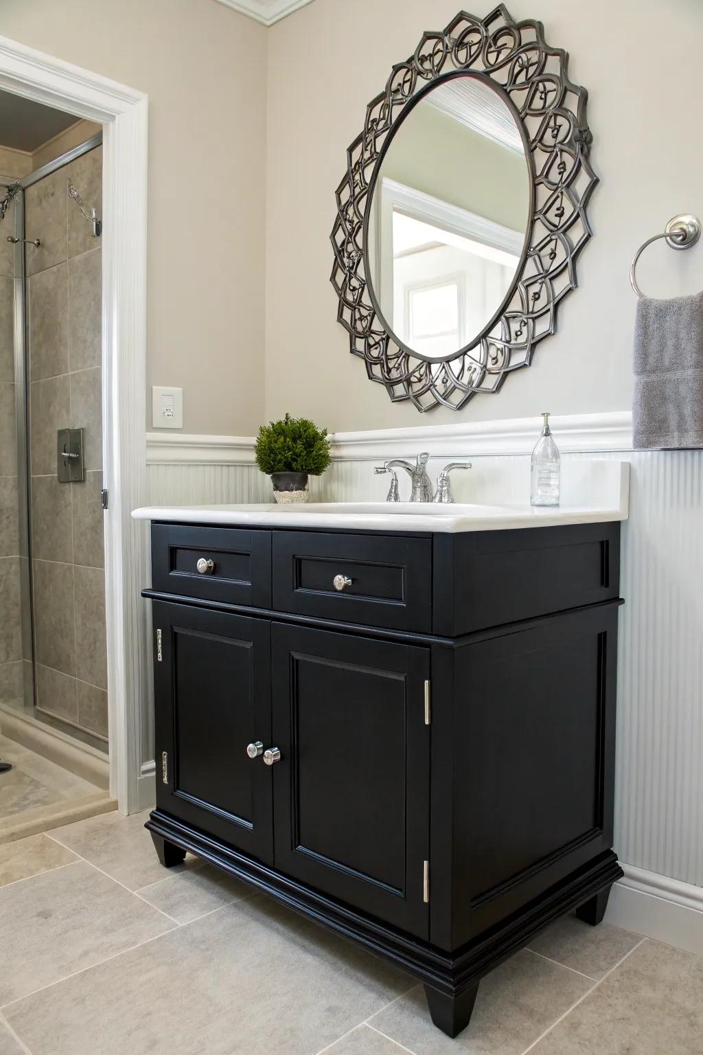 A black vanity makes a bold, timeless statement.