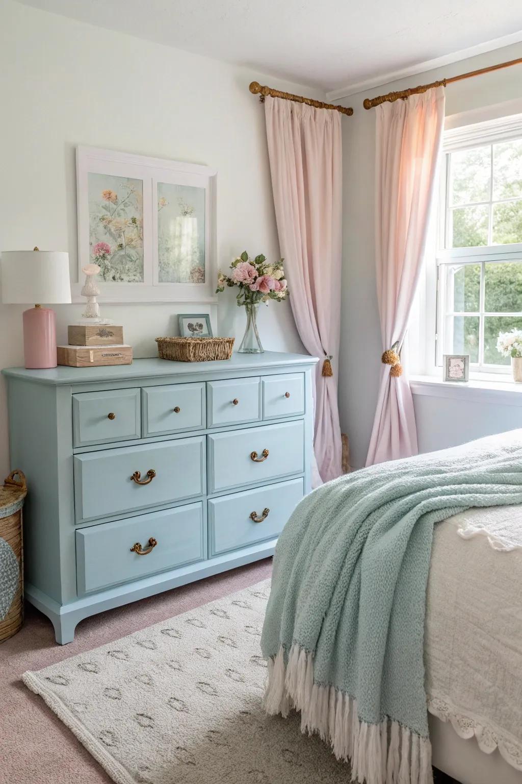 Establish a soothing atmosphere with a light blue dresser.