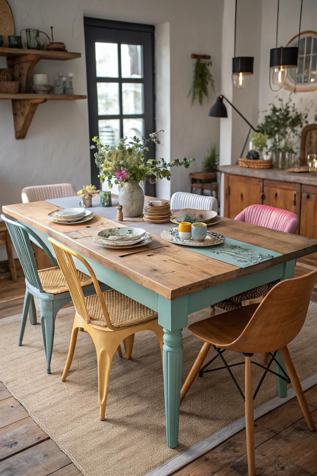 Mixed materials add eclectic vibes to your dining table.