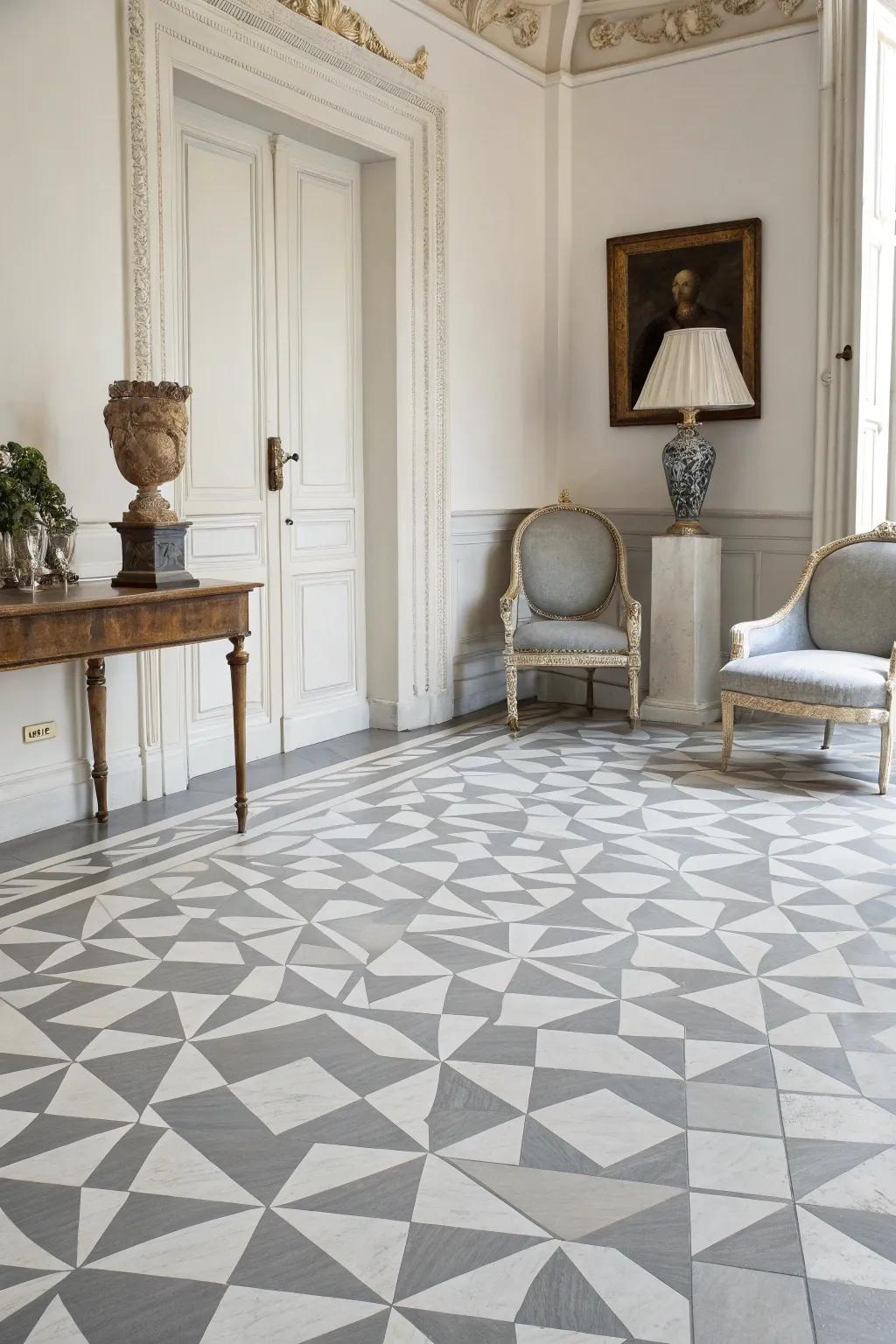 An elegant room featuring monochrome painted floors, projecting timeless sophistication with minimalist design.