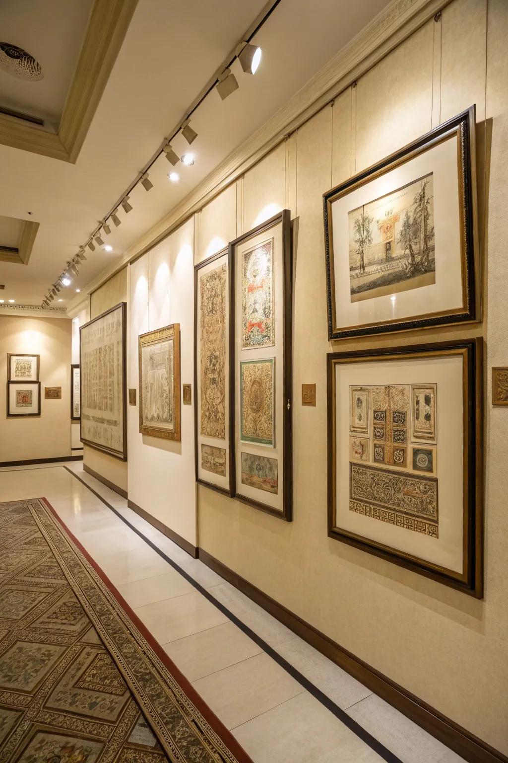 Corner gallery displaying various papyrus pieces for a cultural ambiance.