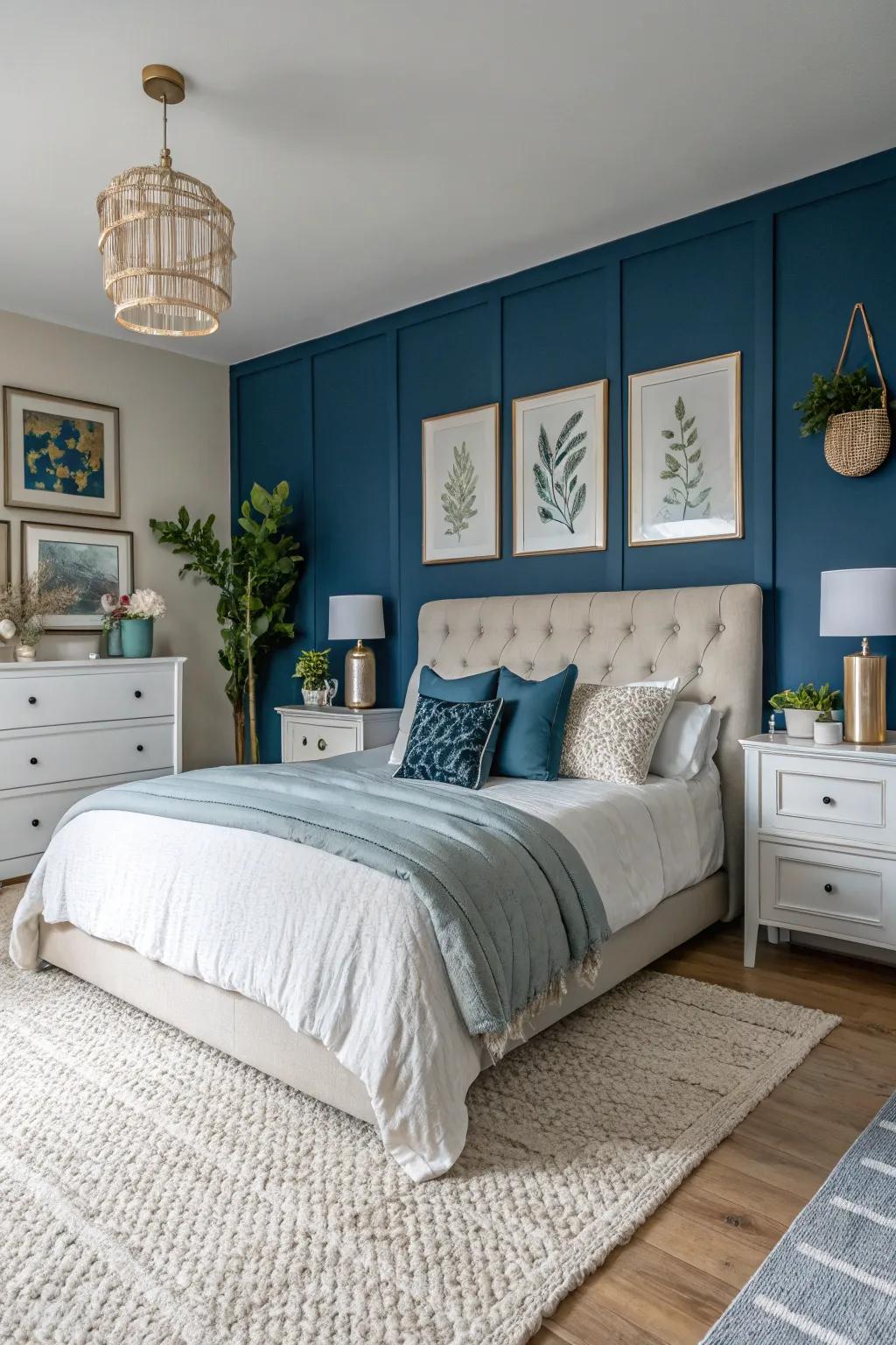 A striking accent wall infuses character into the room.