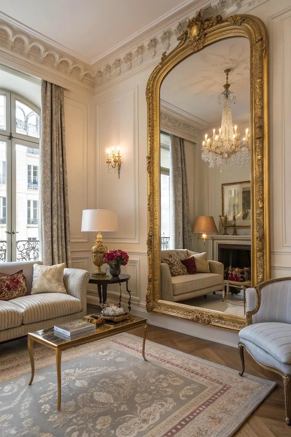 Statement mirrors add a touch of grandeur.