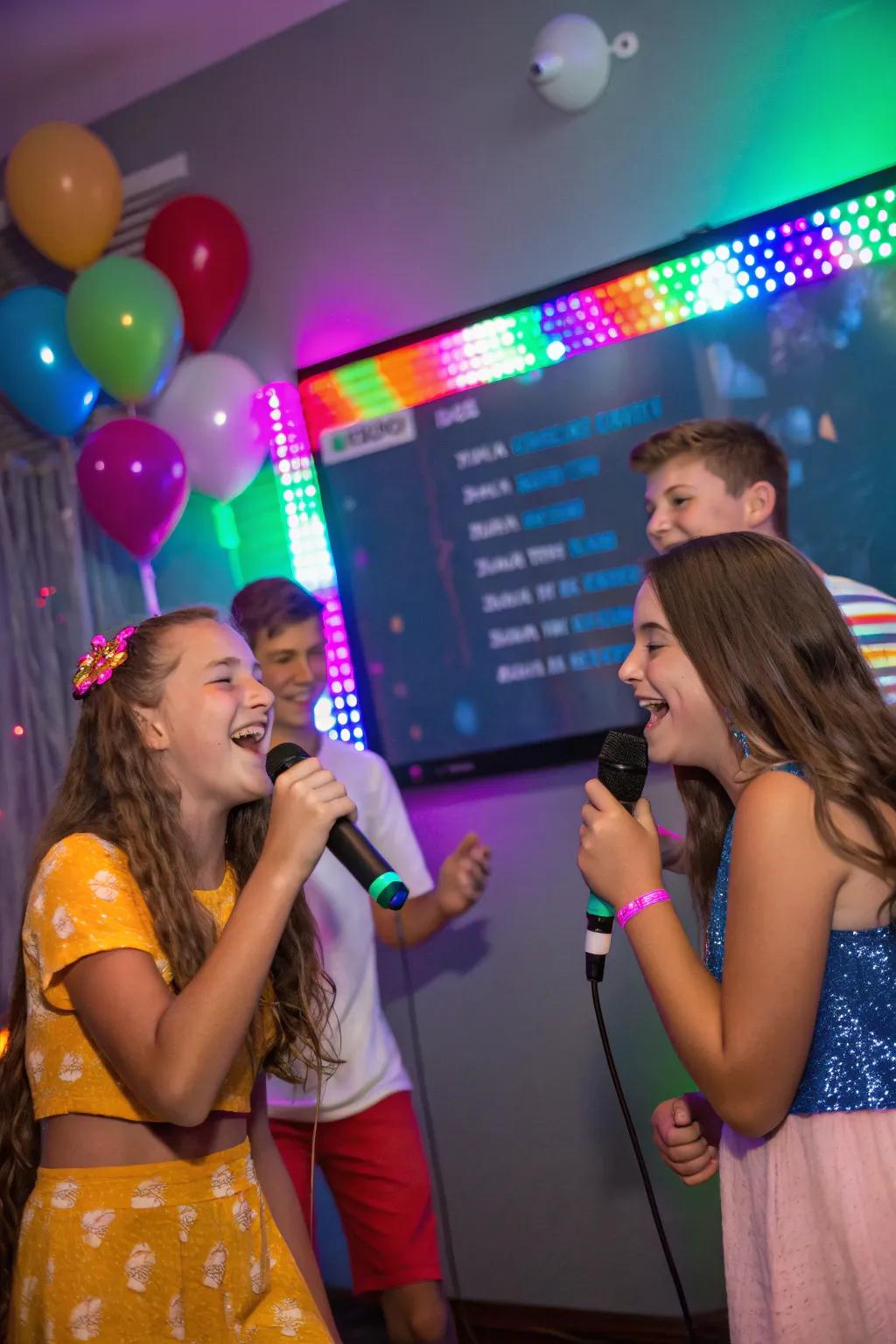 Energetic karaoke evening, showcasing teenagers singing enthusiastically while relishing the music.