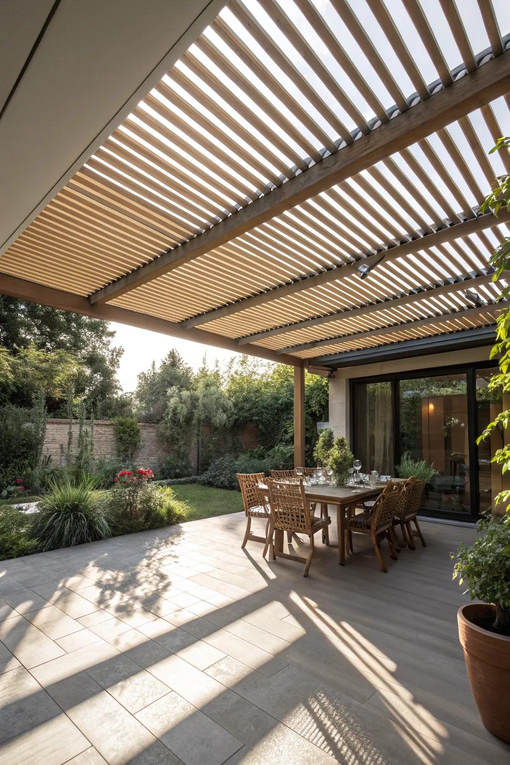 Slatted roofs provide adjustable sun and element protection.