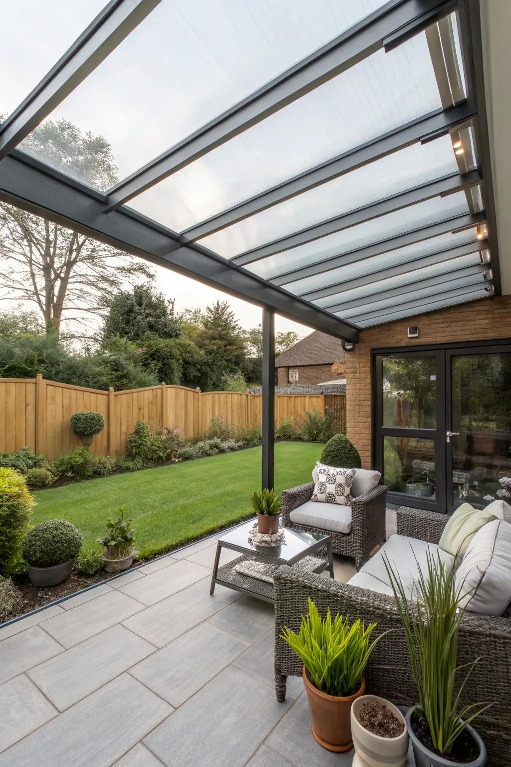 Glass or polycarbonate roofs let in light and keep rain out.