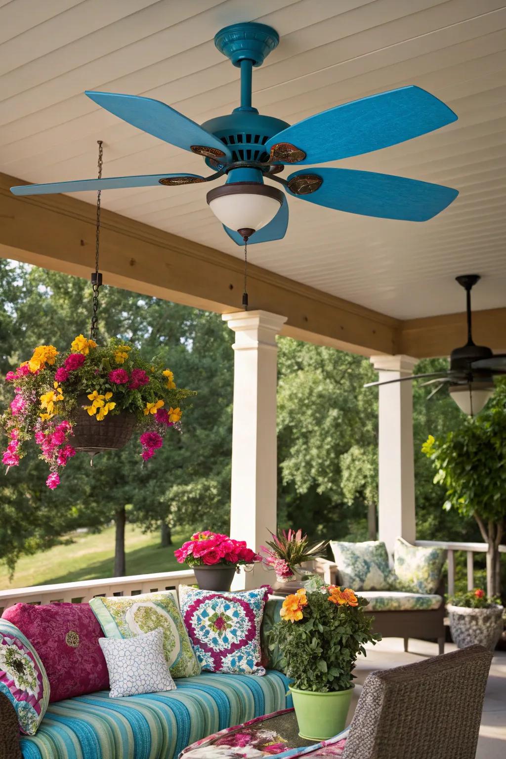 A vibrant patio showcasing a ceiling fan with striking blue blades.