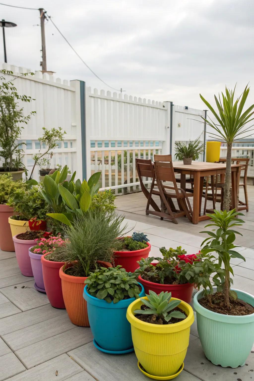 A variety of potted plants bringing lushness to a patio.