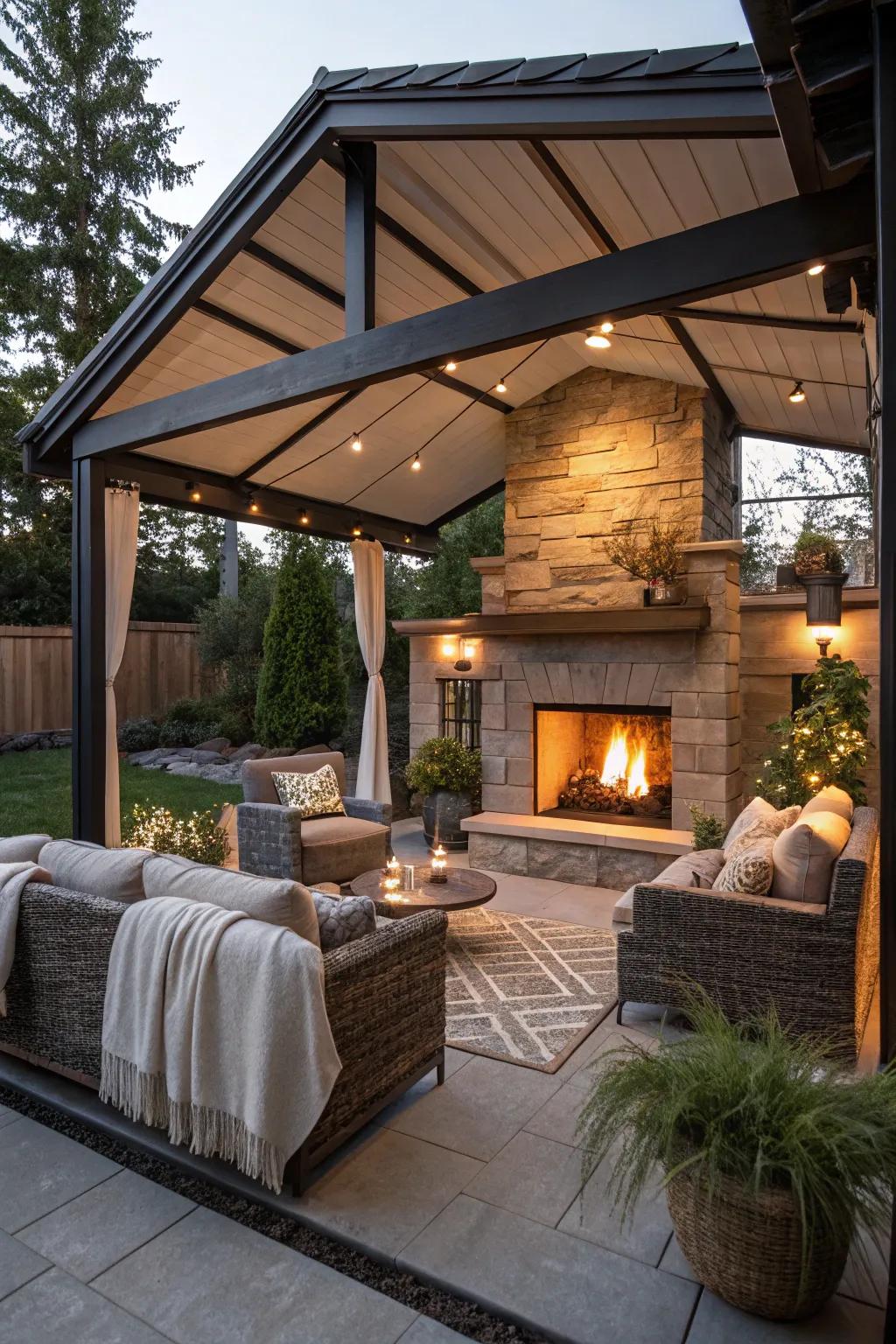 A warm hearth brings warmth and beauty to your patio space.