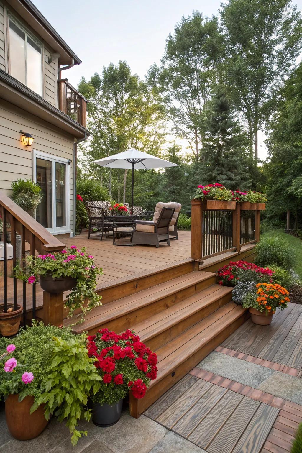 Timber steps provide a cozy, rustic feel.