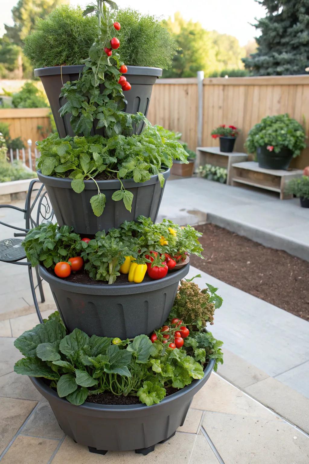 A tiered planter cascade adding vertical interest to the patio.