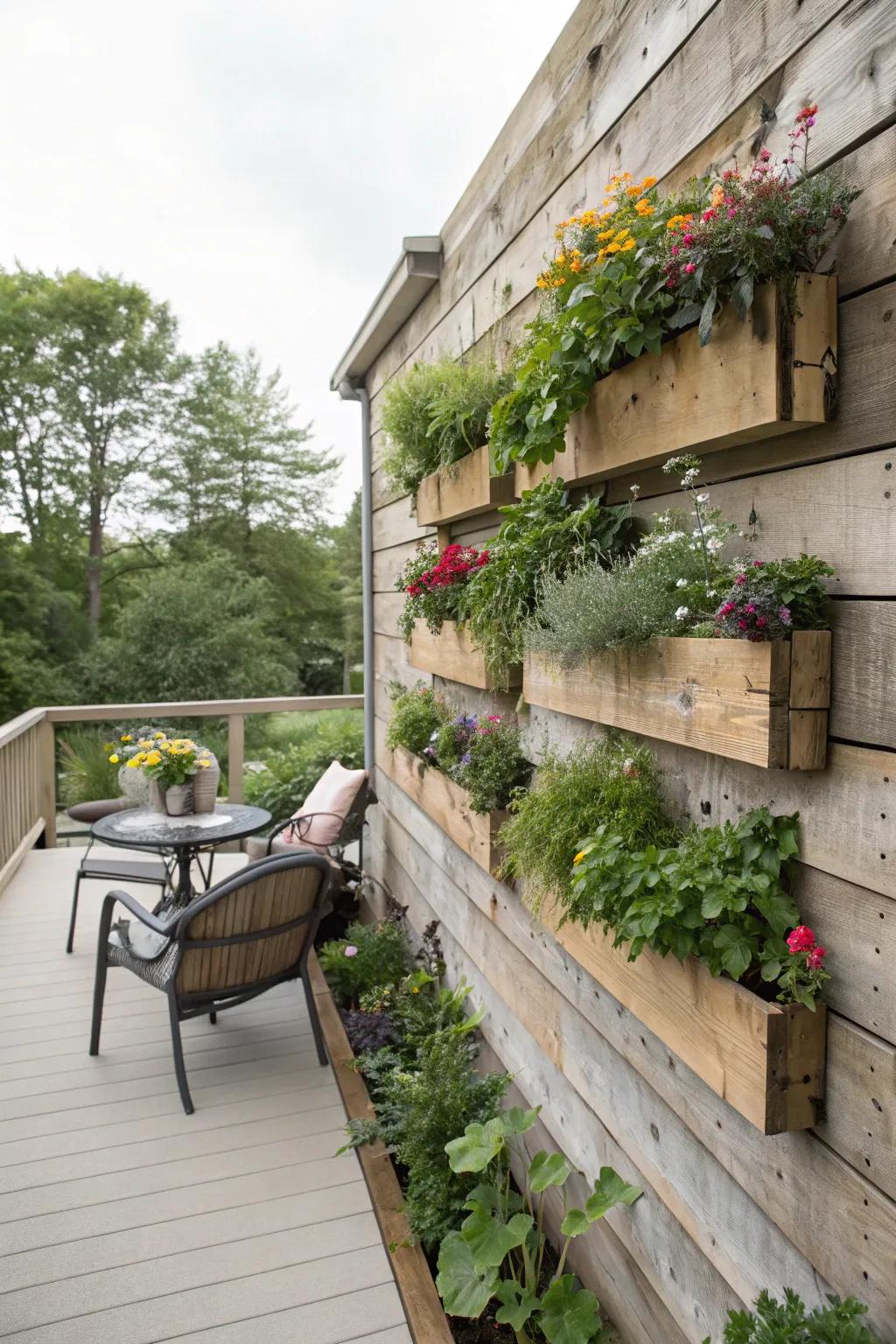 A wood wall enhanced by added greenery from built-in pots.
