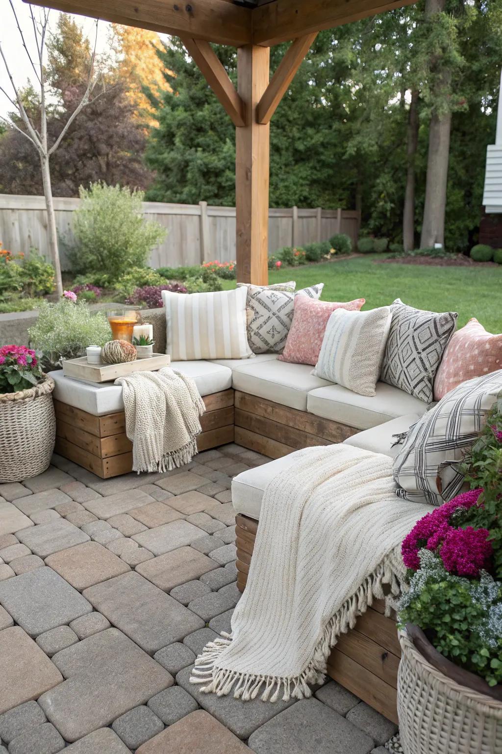 A cozy corner on a paver patio, filled with soft pads and wraps for a calming getaway.