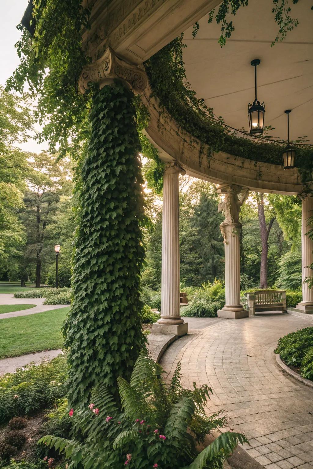 Foliage and trailing plants deliver a rich, natural sensation to the pavilion decor.