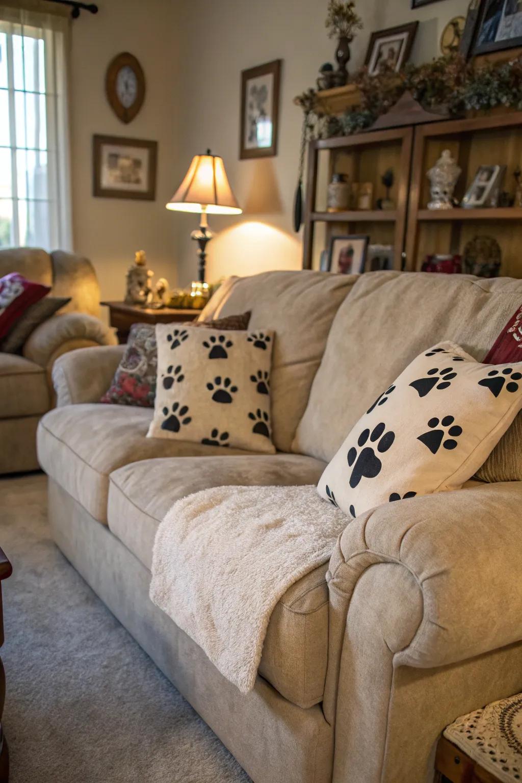 Paw print cushions adding warmth to a lounge.