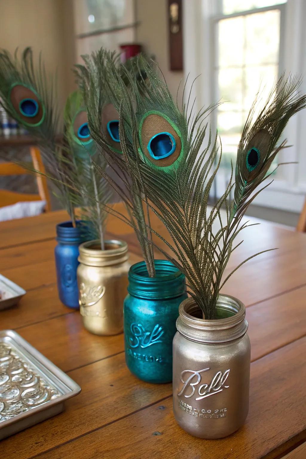 Earthy elegance created with mason jars and peacock plumes.