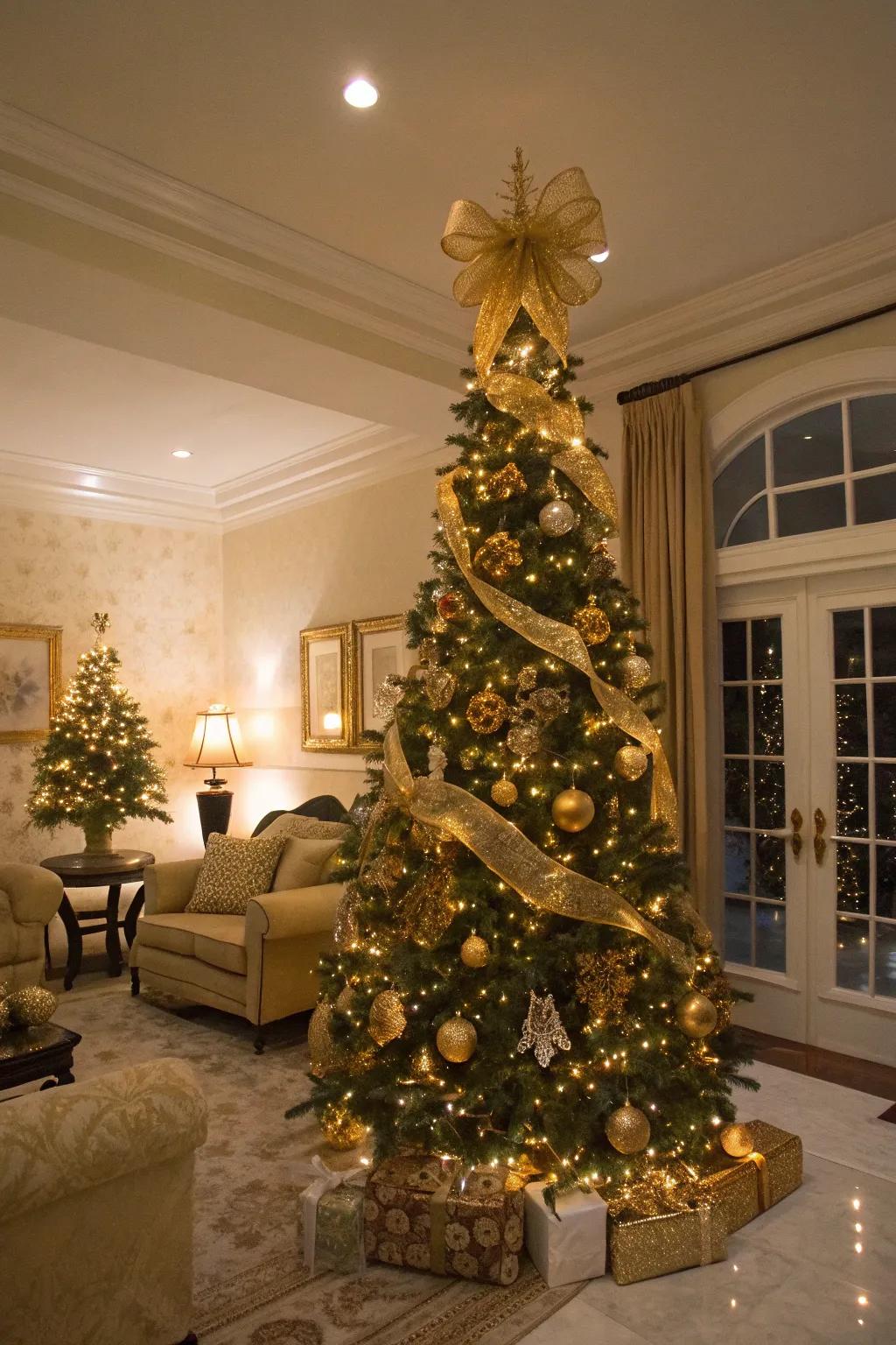 Glamorous and golden pencil tree radiating holiday warmth.