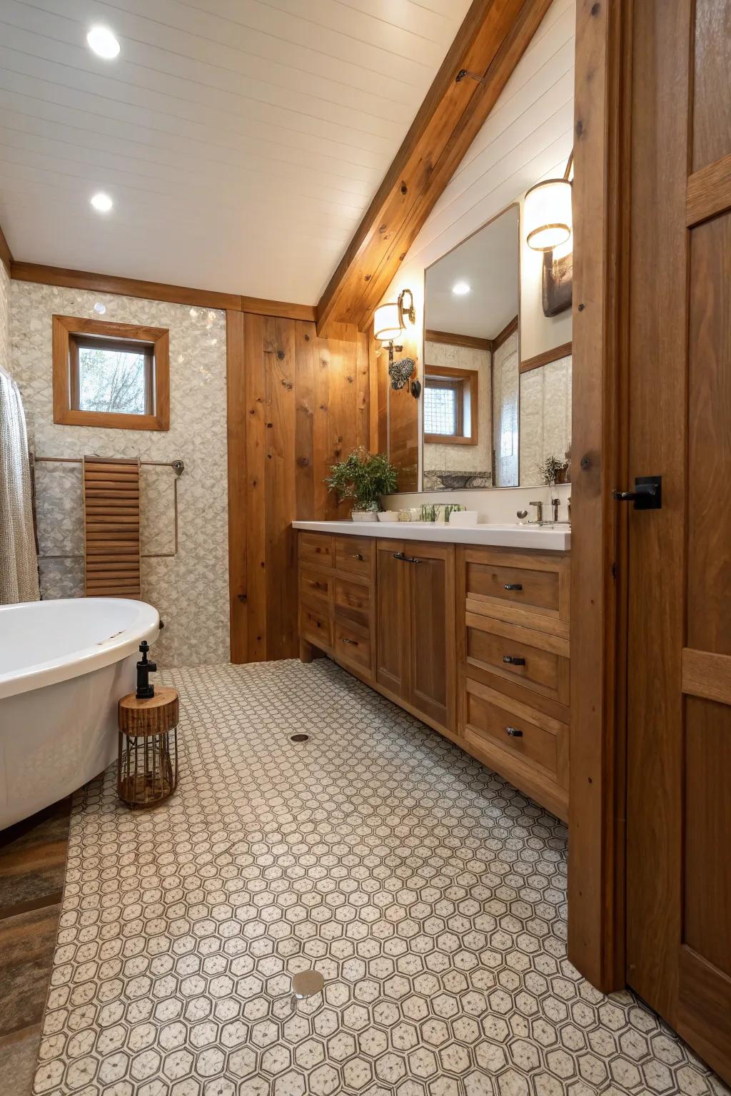 A harmonious blend of penny tiles with natural wood elements.