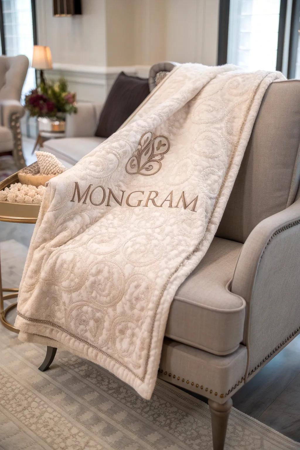 An opulent throw with a raised monogram, adding elegance to any area.