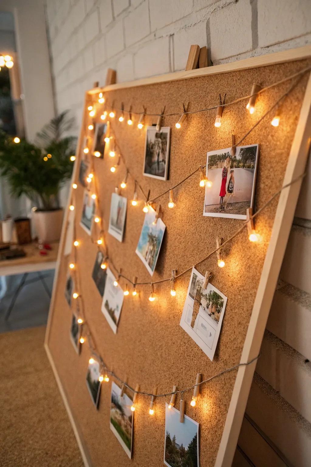 A corkboard with luminosity provides an effortlessly updateable picture exhibition.