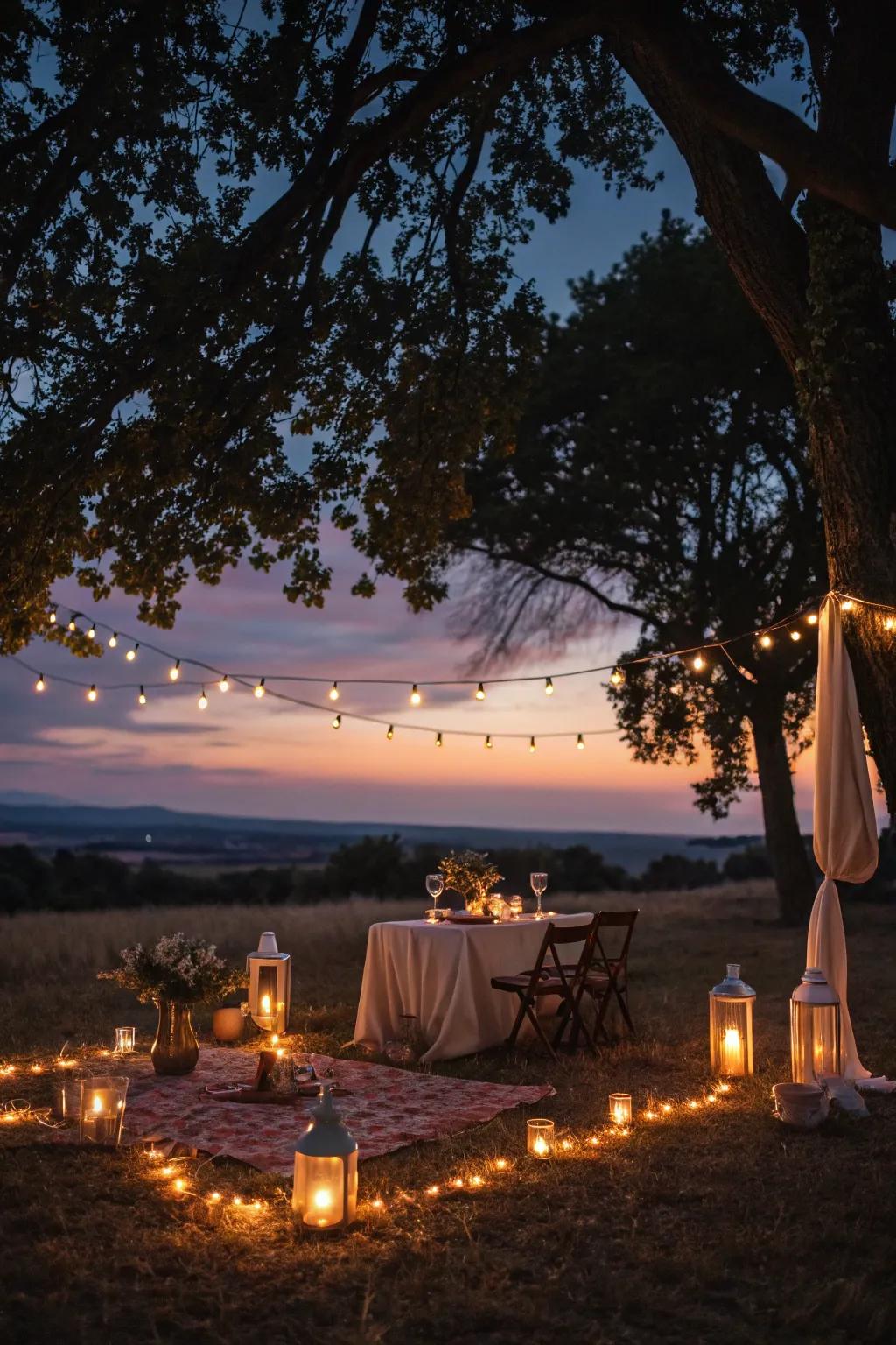 Candles and twinkle lights conjure a magical evening picnic atmosphere.