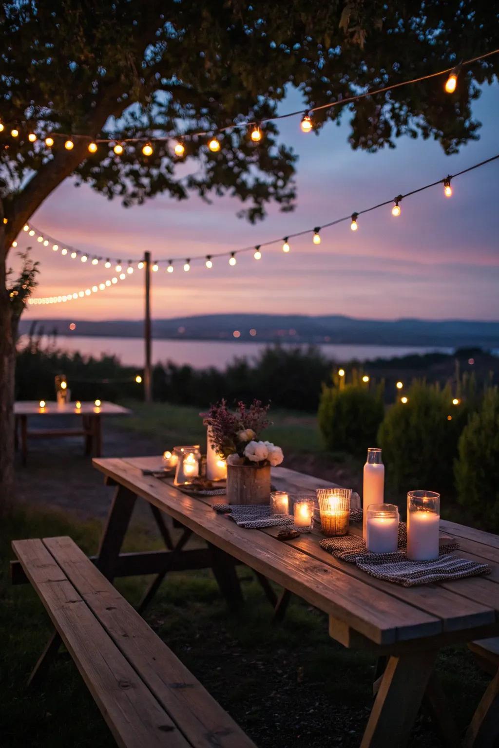Candles and string lights create a warm and inviting atmosphere for evening picnics.