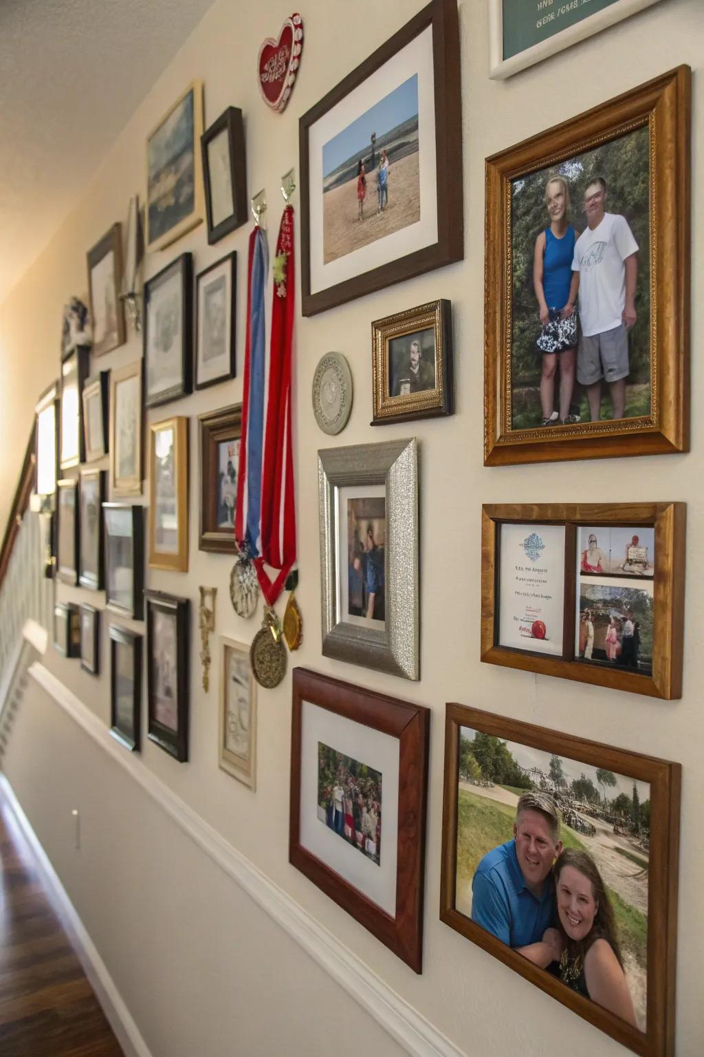 A picture wall adorned with personal and familial artifacts.