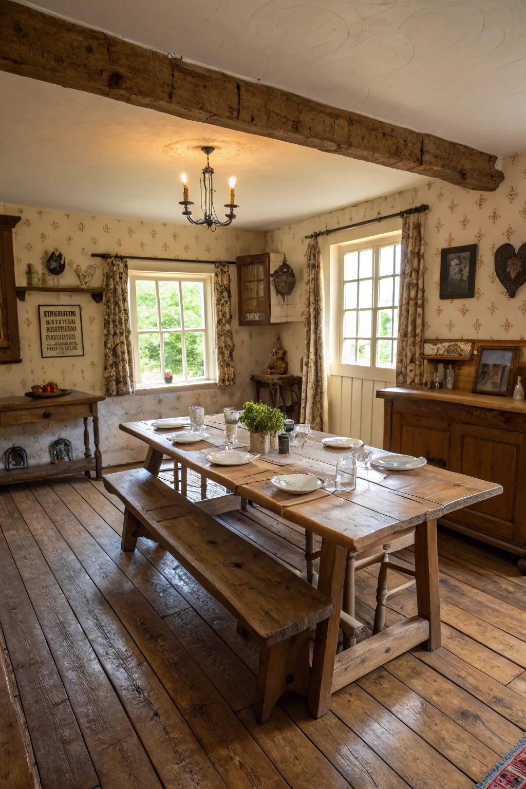 Nature-inspired boards inject traditional warmth into dining zones.