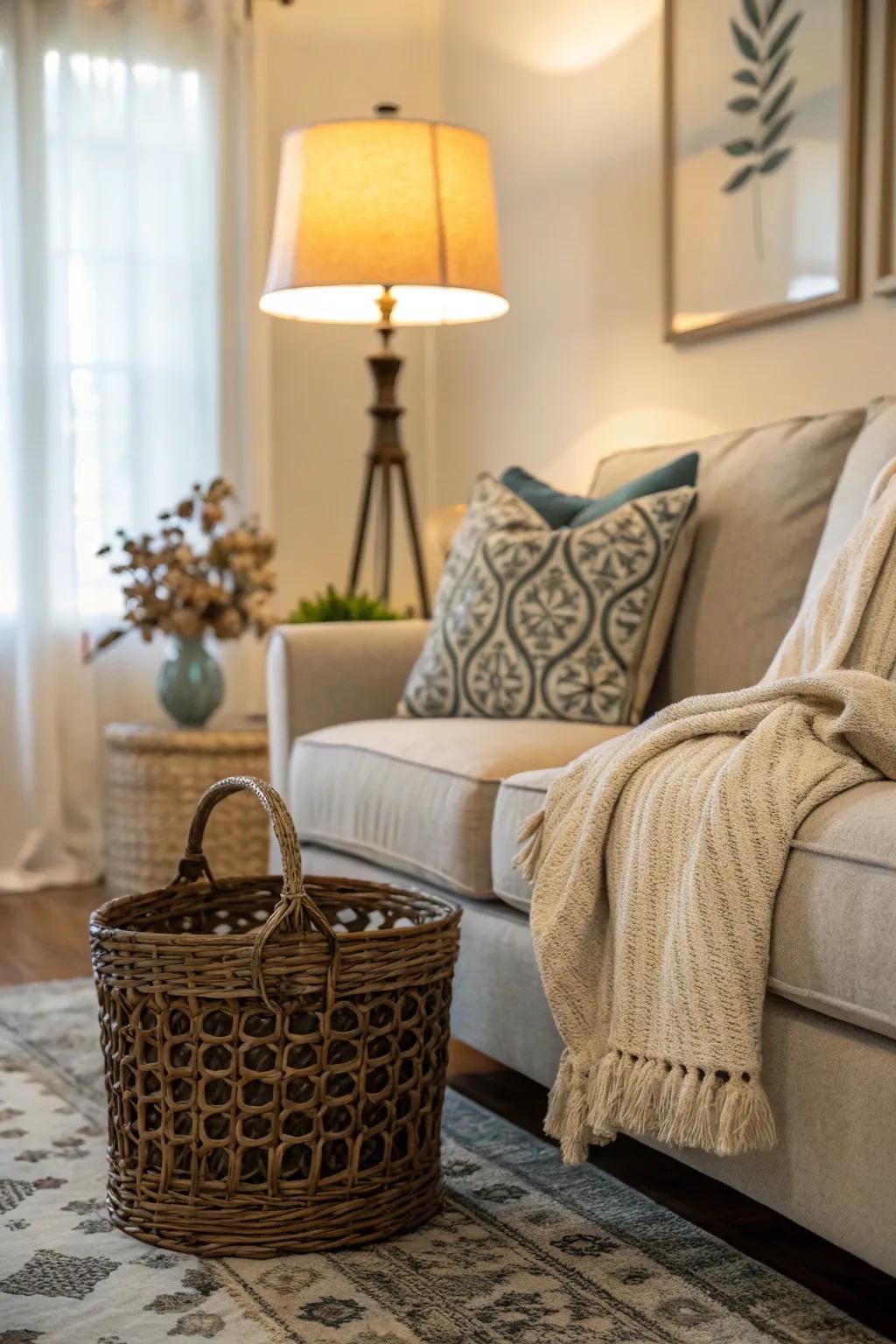An attractive basket placed by a couch with a couch cover loosely sticking out.