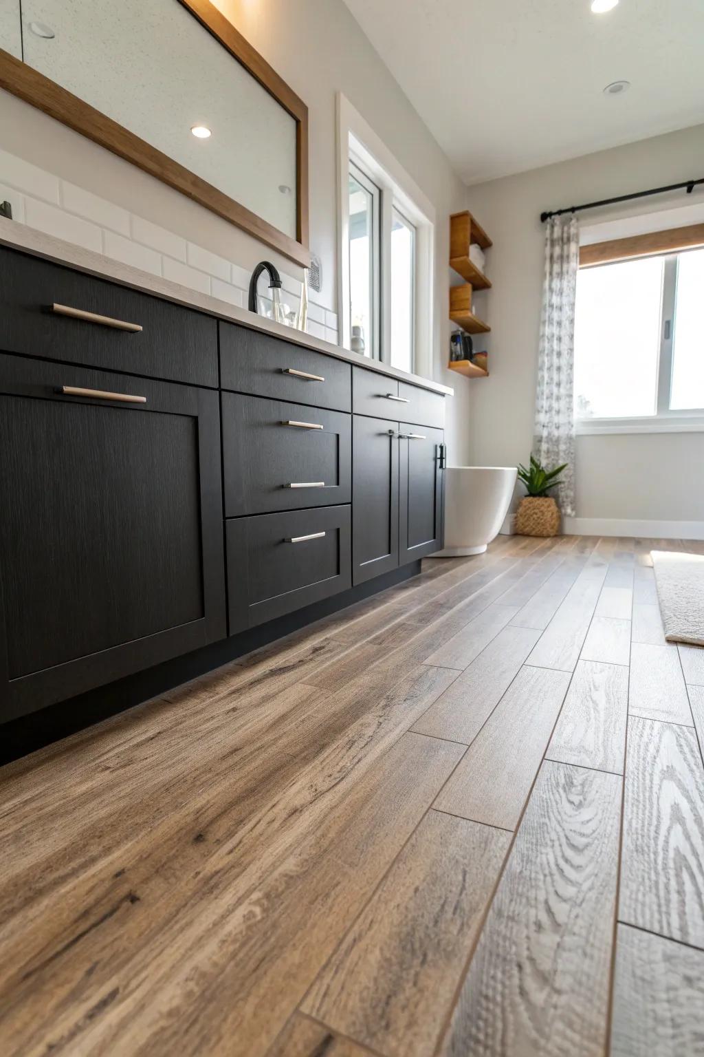 Make visual drama with contrasting cabinets that uplift your restroom style. 🌟 #BathroomDesign #HomeDecor