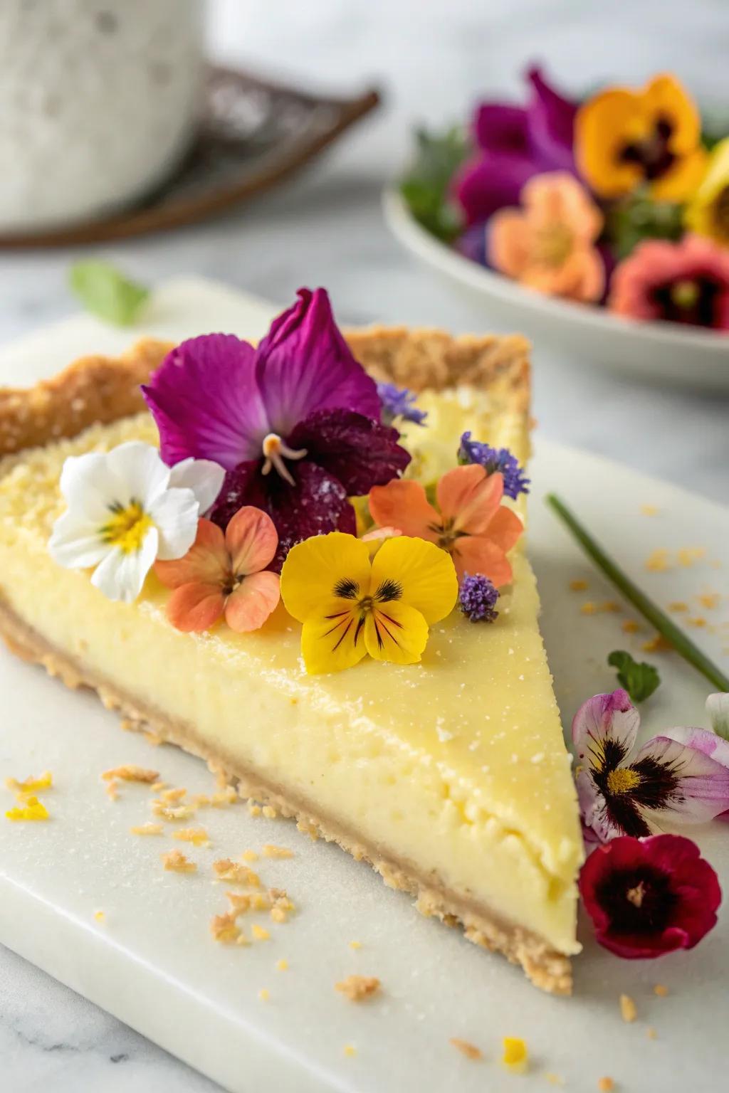 A slice of pie embellished with lively edible flowers.