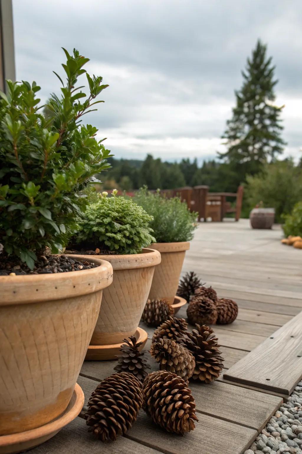 Pinecones used as mulch in pots extend hydration for plants.