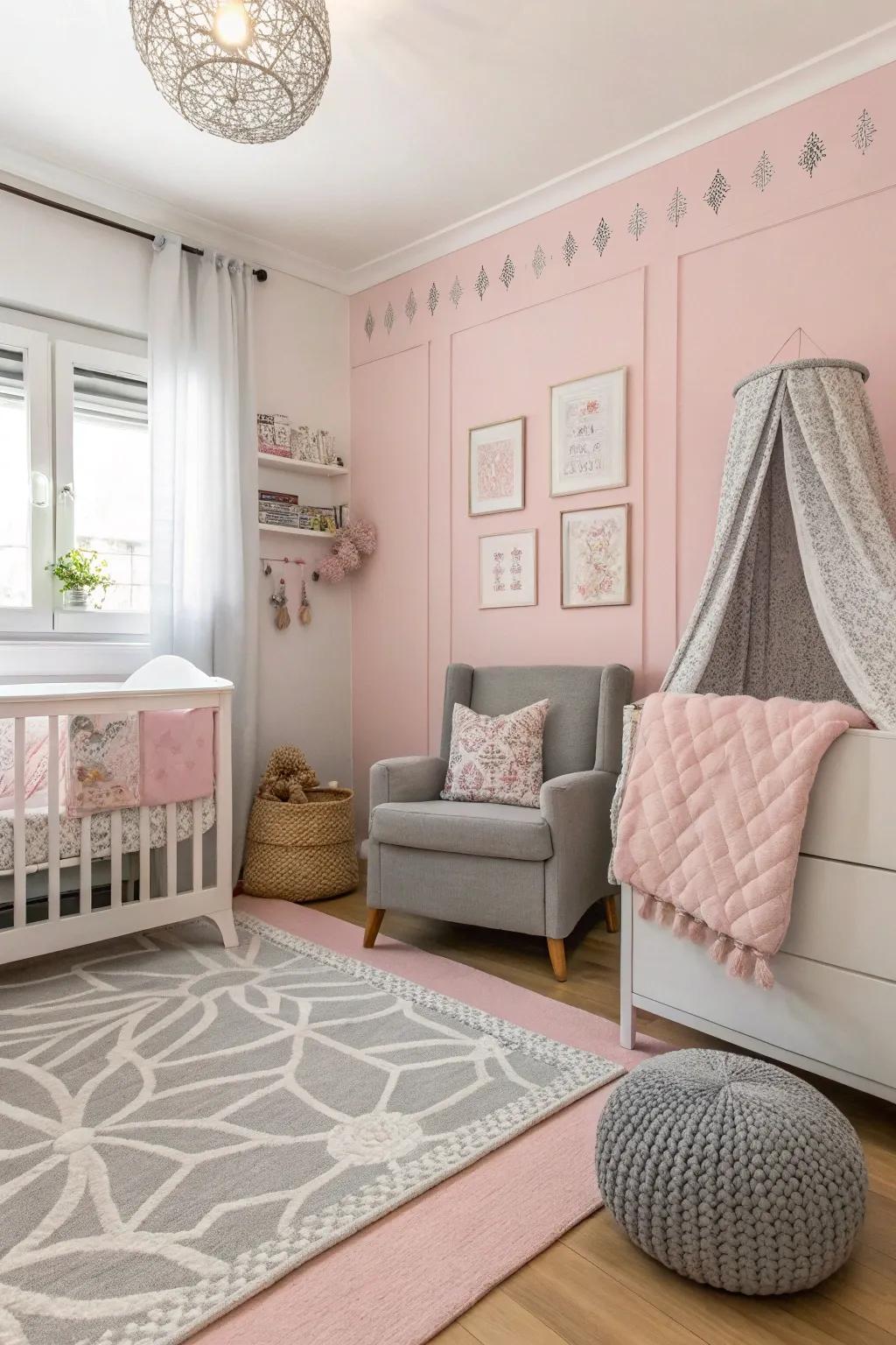 A nursery where pastel pink meets soft gray for a chic look.