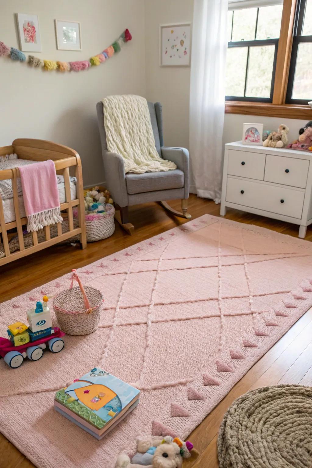 An opulent rosy rug enriches comfort and style within the nursery floor.